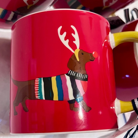 Four (4) JOULES Daschund Through The Snow Ceramic Mugs Red/White/Multi 12oz - Picture 3 of 13